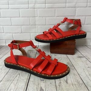 COACH Size 10 Giselle Red Leather Studded Gladiator Fisherman Sandals Flat NWOT